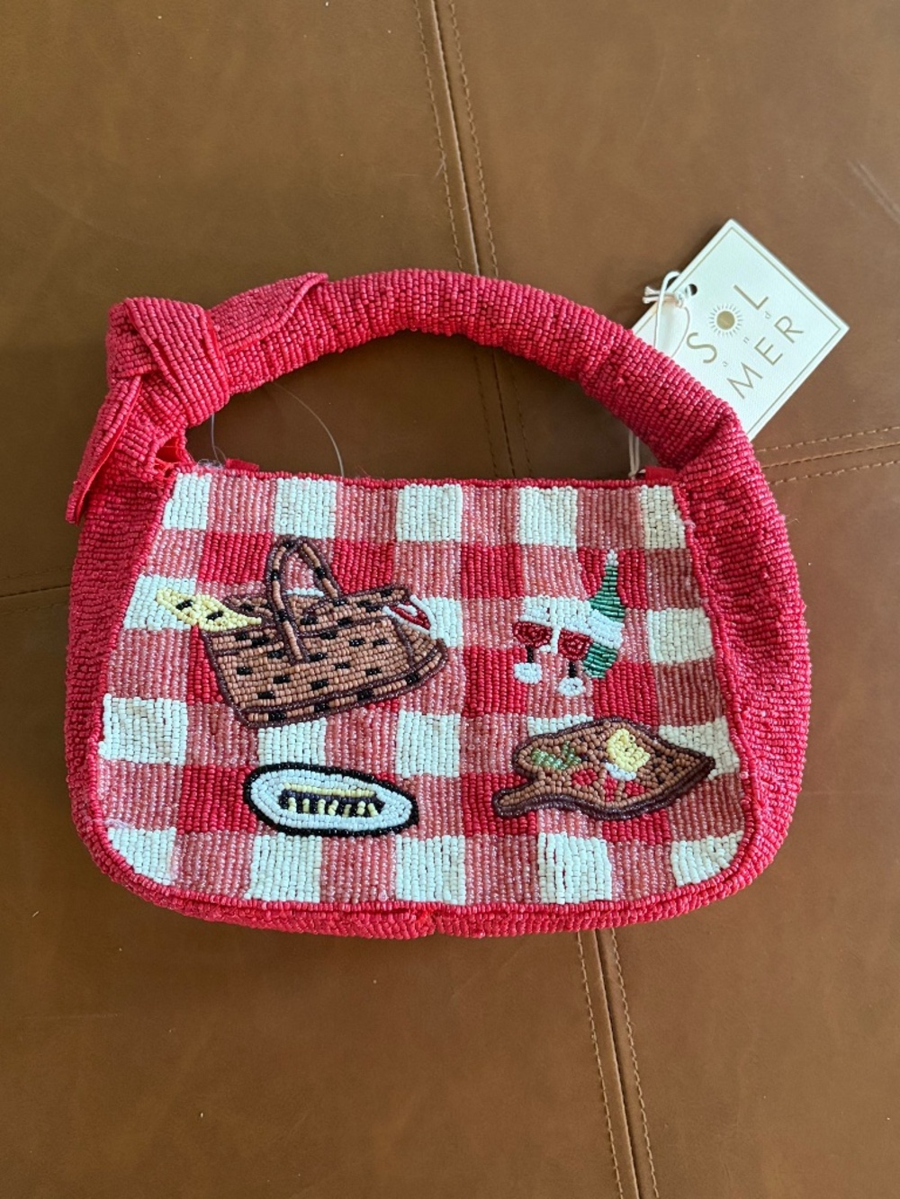 Sol & Mer Red and White Checked Picnic Theme Beaded Bag India sparkle NWT viral